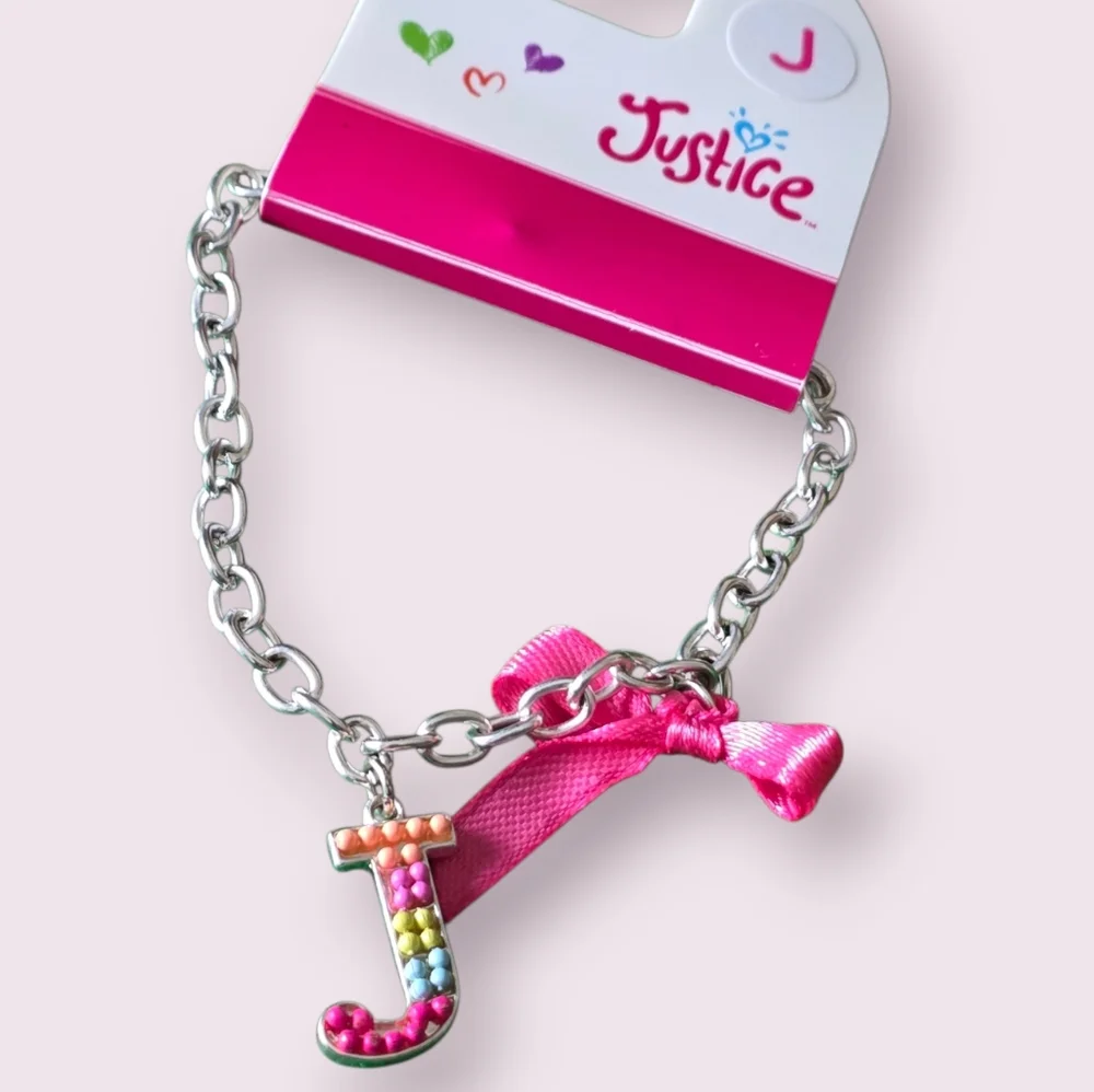 Justice Letter J Initial Charm Bracelet With Pink Ribbon Bow Fashion Jewelry